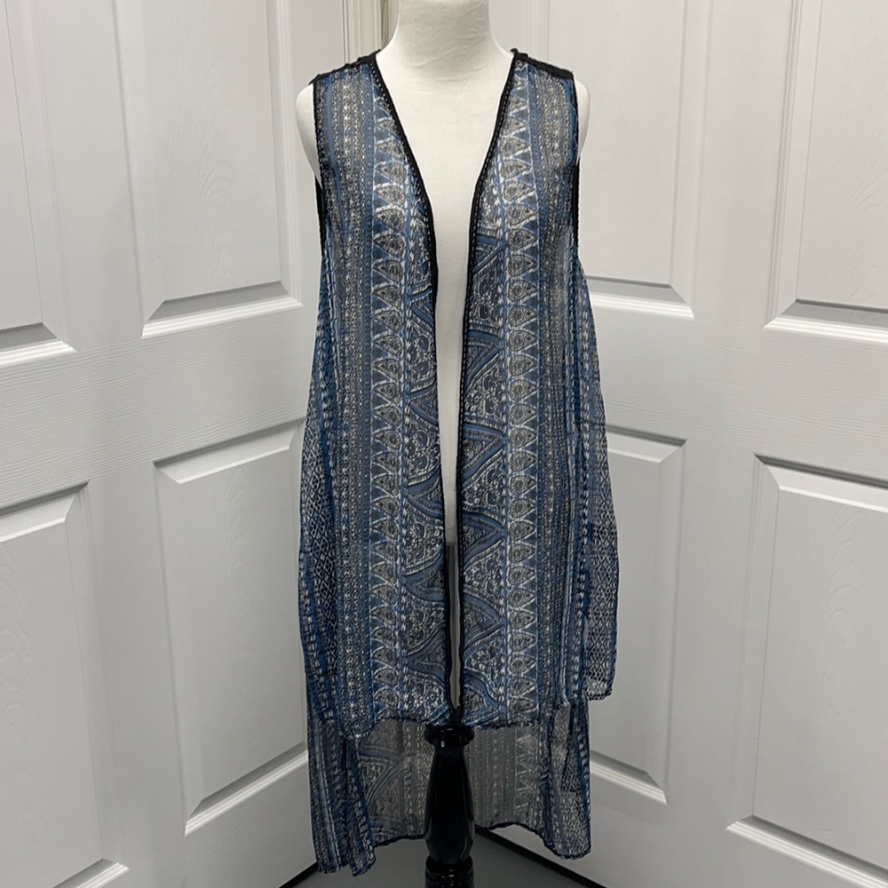 Rue21 Black & Blue Sheer Long Cardigan Vest Large
